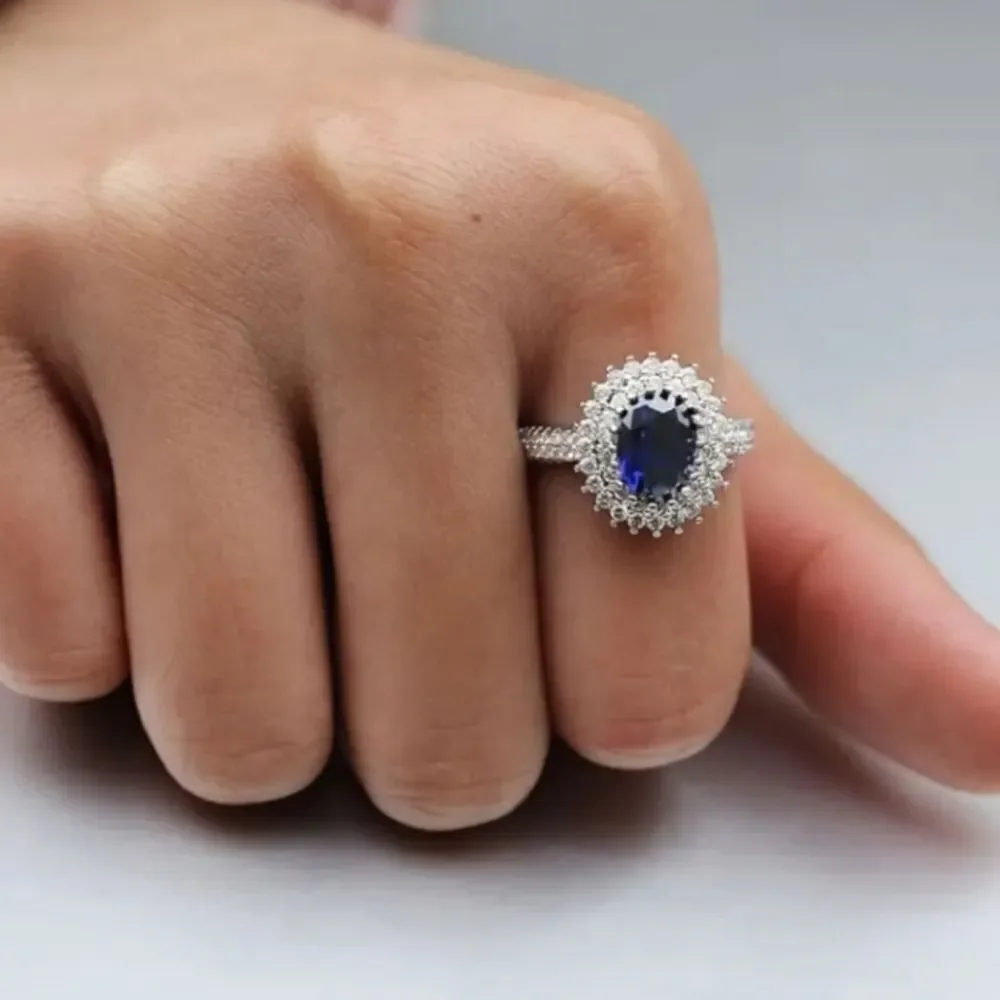 Ladies Elegant Lab Created Diamond And Sappire Sunflower Ring sz 7